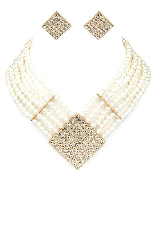 The Diva Crystal Pendant Pearl Strand Collar Set